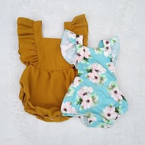 Bailey's Blossoms Ruffle Bubble Rompers Floral and Mustard 6-9 18-24 months